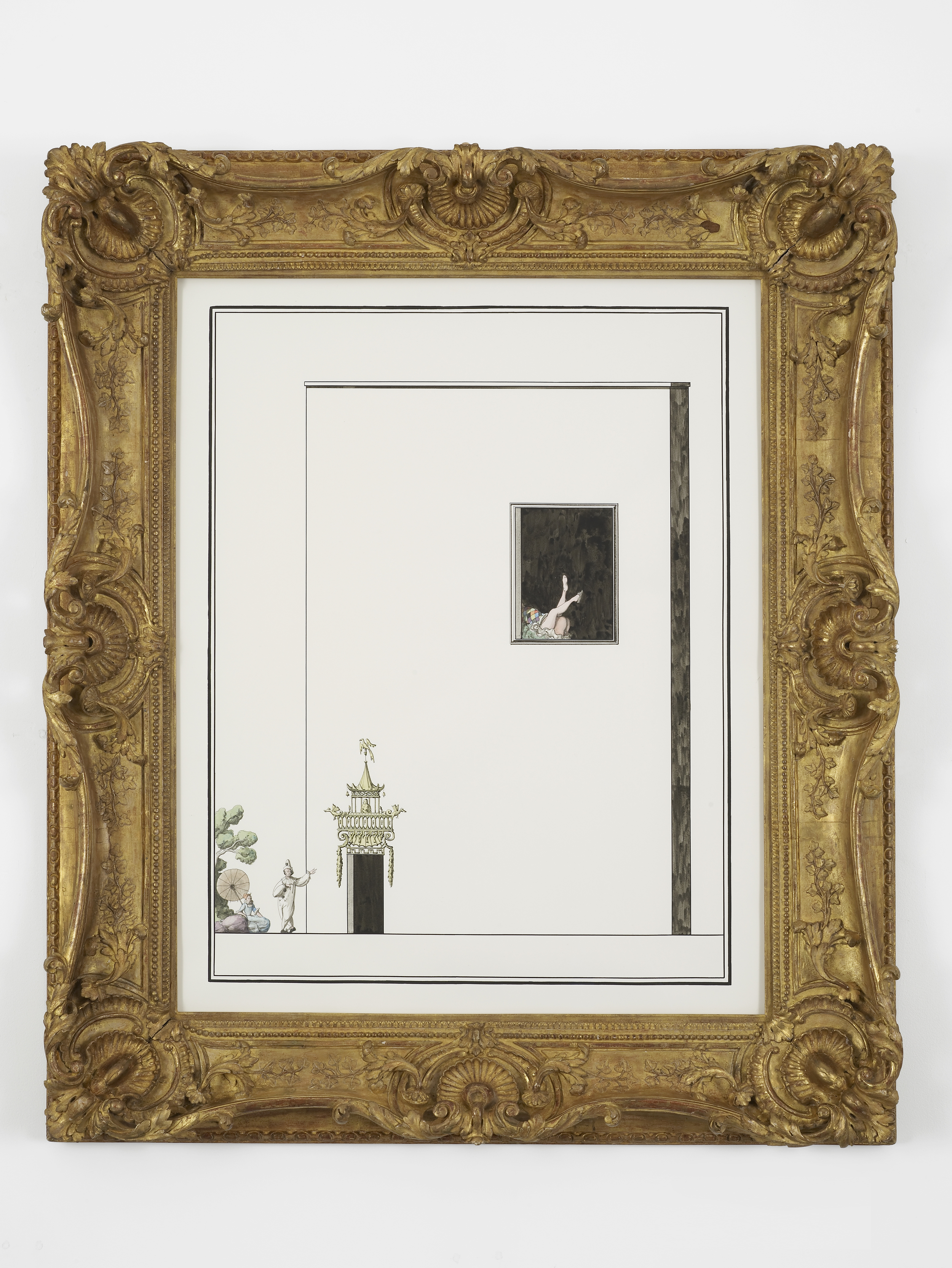     Scene from the Commedia: Pierrot bores Columbine with a detailed description of an elaborate doorframe. Meanwhile, Harlequin has sex with a servant upstairs 2014 Ink and watercolour on paper in artist’s frame 120.5 x 102 x 10 cm / 47.4 x 40.1 x 3