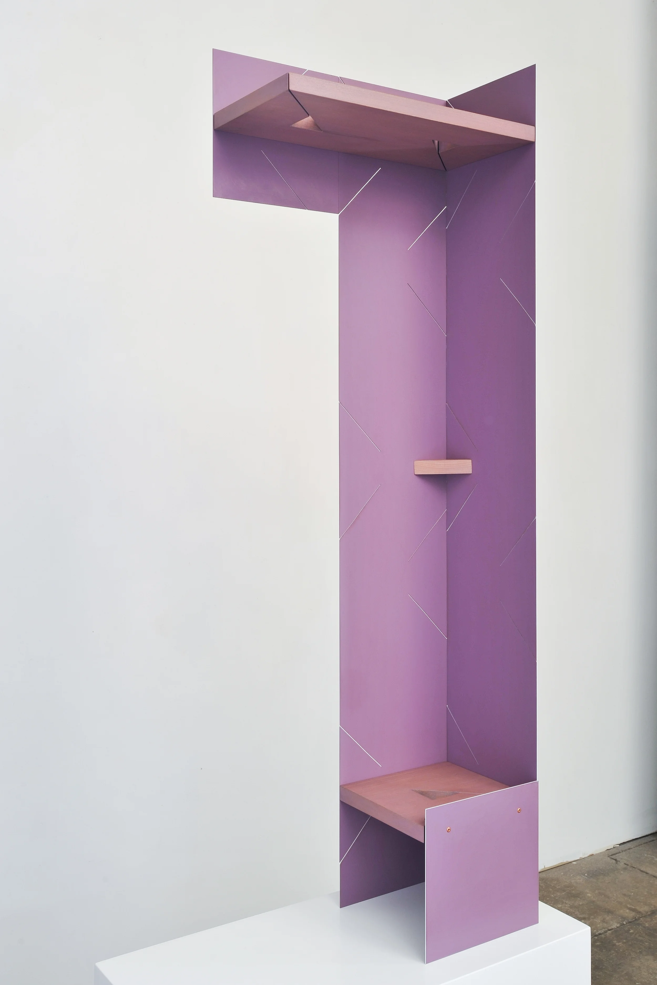 Half Arch (Lavender) 2014 Euro-beech hardwood, steel, copper rivets, enamel, wax 121.9 x 40.6 x 20.3 cm / 48 x 16 x 8 in Plinth: 60.9 x 60.9 x 30.4 cm / 24 x 24 x 12 in