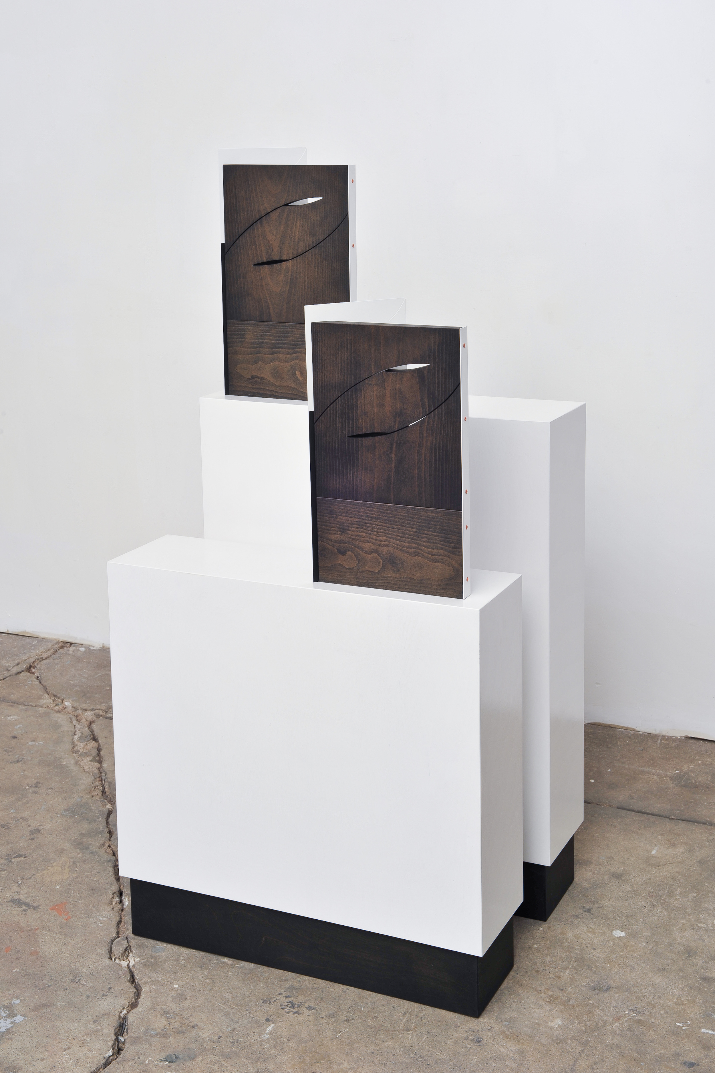     Wedges 2014 Euro-beech hardwood, steel, copper rivets, enamel, wax 2 parts, each: 48.5 x 40.6 x 11.4 cm / 19.1 x 16 x 4.5 in Plinths: 81.2 x 60.9 x 17.7 cm / 32 x 24 x 7 in and 60.9 x 60.9 x 17.7 cm / 24 x 24 x 7 in 