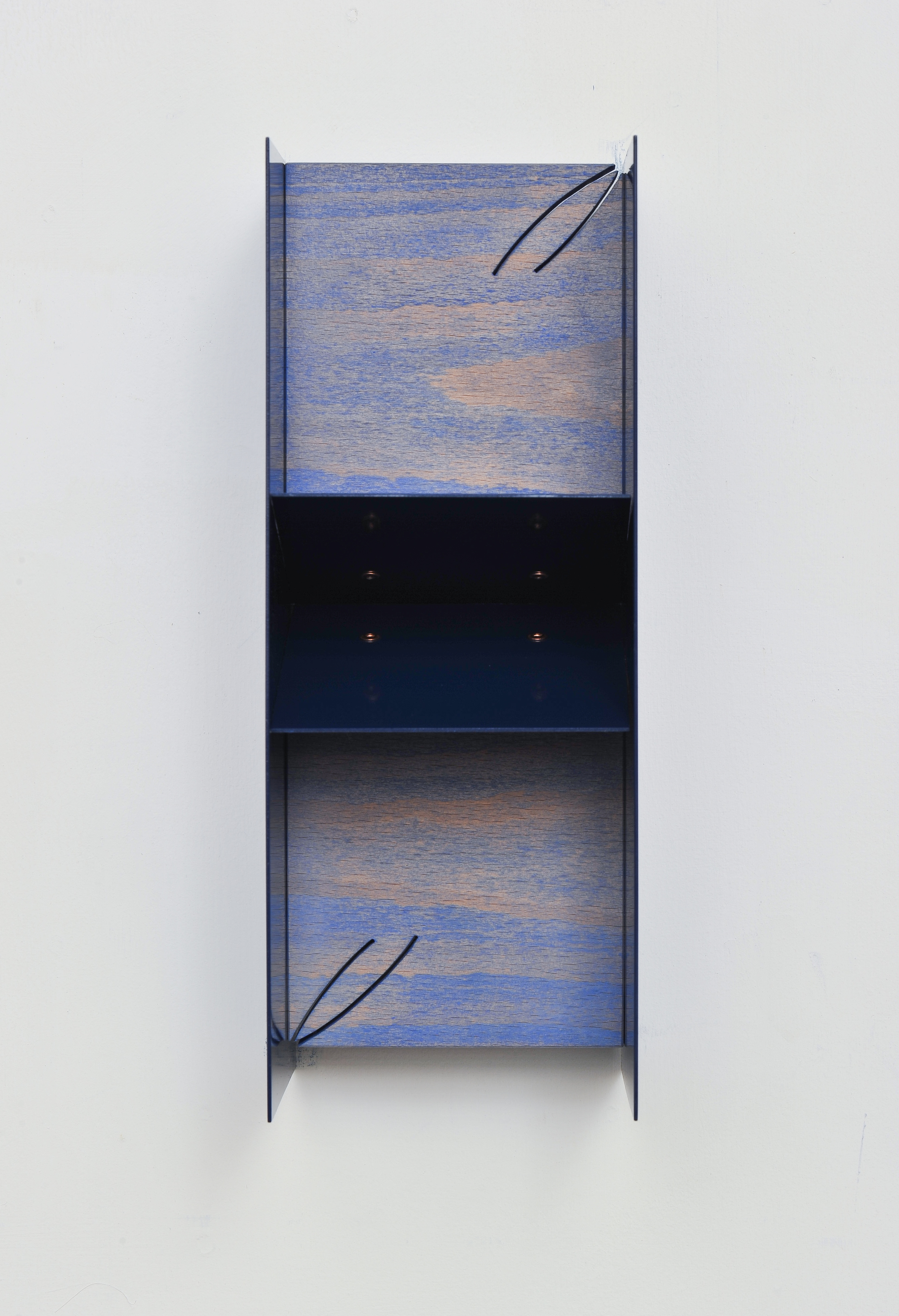     Small Plaque (With Wedge/Blue) 2014 Euro-beech hardwood, steel, copper rivets, enamel, wax 27.9 x 10.6 x 12.7 cm / 11 x 4.2 x 5 in 