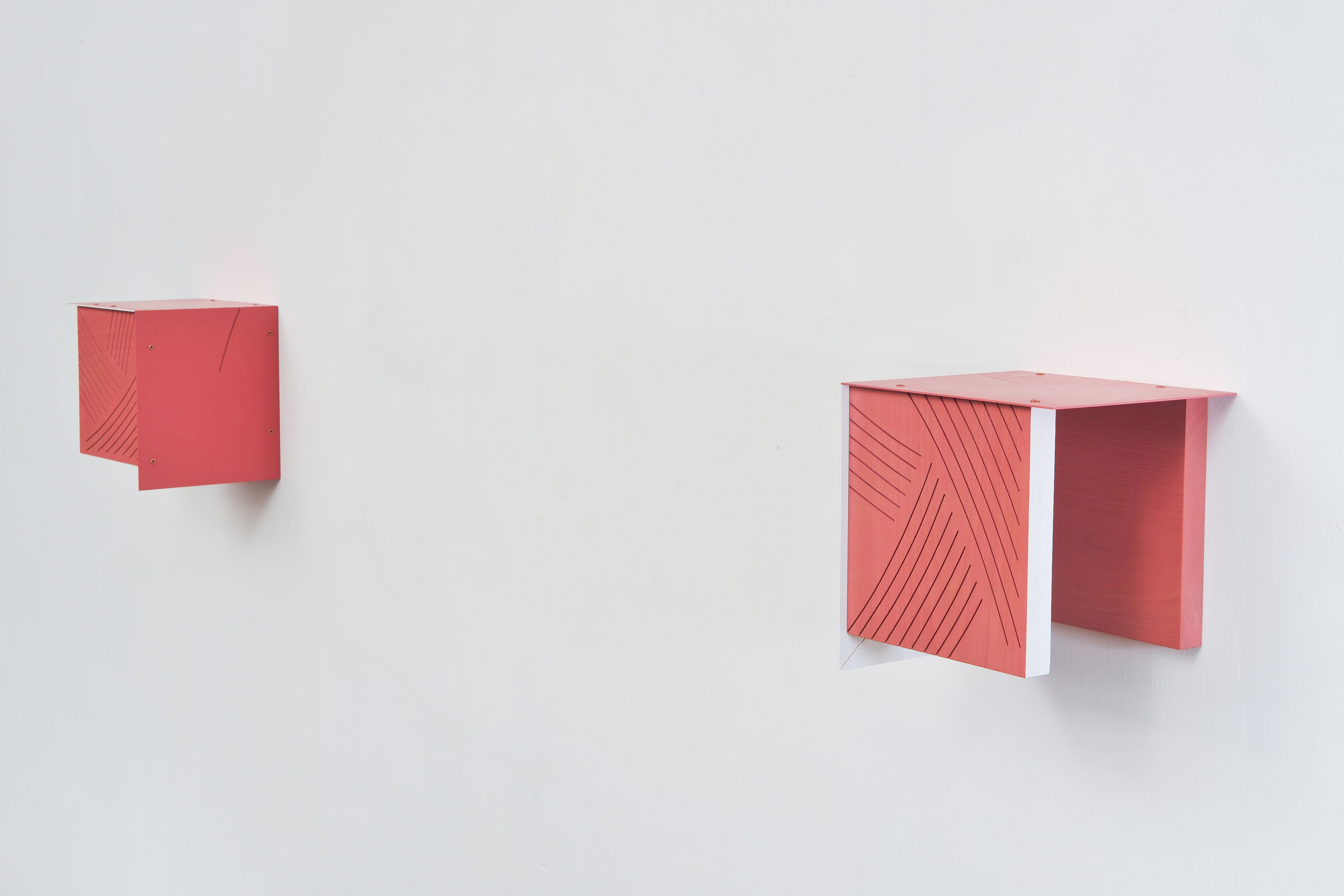     Four Corners (Frame/Pink) 2014 Euro-beech hardwood, steel, copper rivets, enamel, wax 4 parts, each: 20.3 x 20.3 x 17.7 cm / 8 x 8 x 7 in 