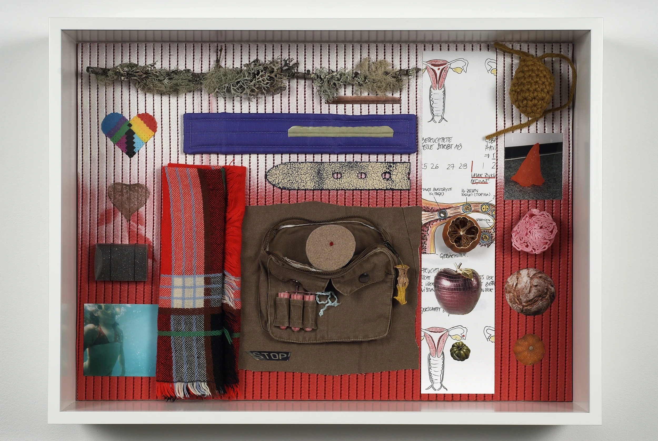 Setup 2009 paper, mat, dried fruit, tampons, fabrics, metals, sand,wax leather photographs, plastics, wool, glue, spray-paint, twig and leaf 53.7 x 73.2 x 16cm