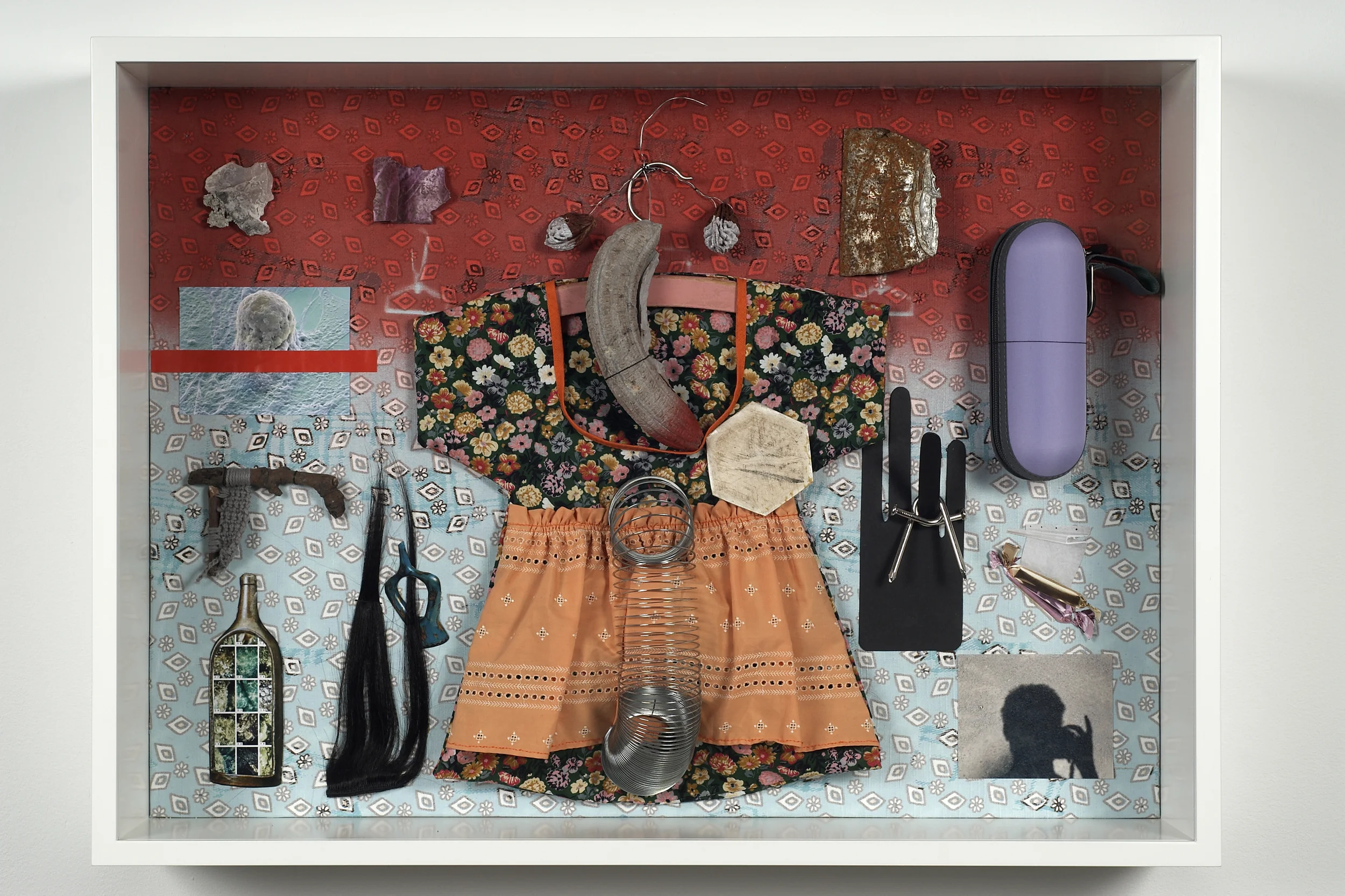 Thwack 2009 plaster, paint, wood, fabrics, wool, hair, umbrella case, rusted can, peach stones, paper photographs, plastic, wax, metals, glue and thread 53.7 x 73.2 x 16cm