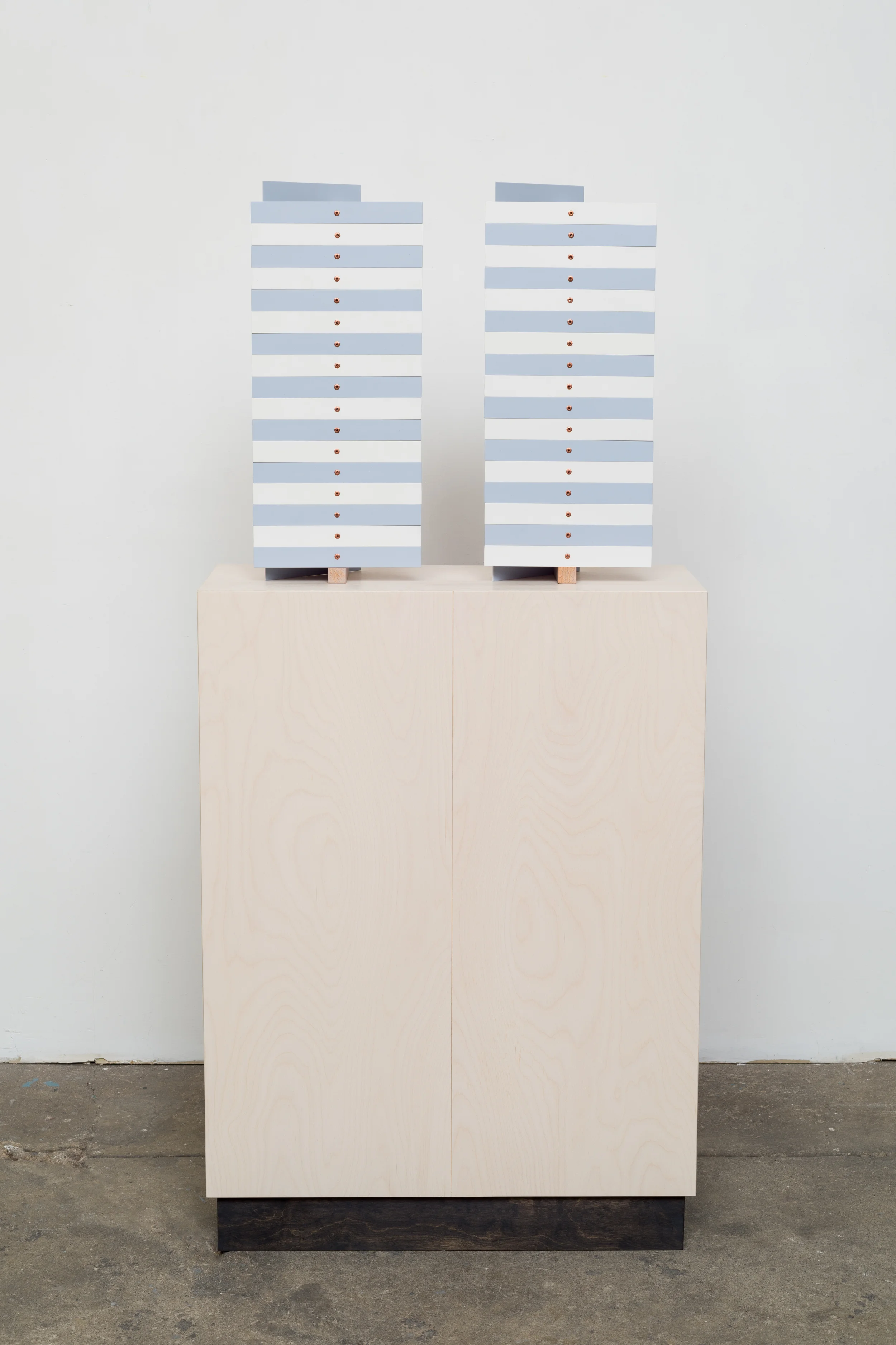 Screen (Double/Stripes) 2014 Euro-beech hardwood, steel, copper rivets, enamel, wax 2 parts, each: 48.2 x 20.5 x 12.7 cm / 19 x 8 x 5 in Plinth: 83.8 x 60.9 x 25.4 cm / 33 x 24 x 10 in