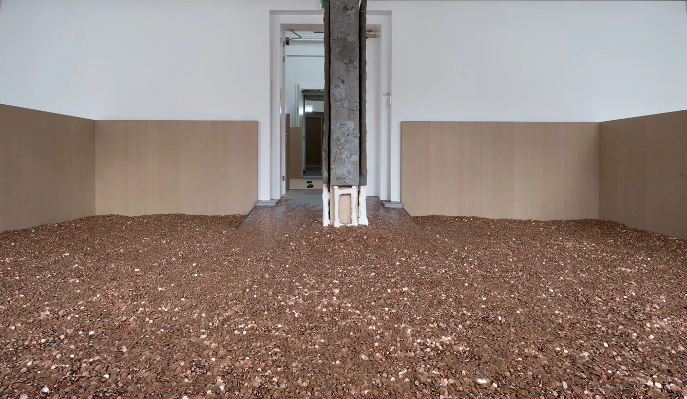 now (Working Title), United Kingdom poverty line of Sixteen thousand seven hundred pounds sterling translated at an exchange rate of 1.27 on Christmas day 2014 into two million one hundred and twenty thousand nine hundred euro cents 2015 Concrete, coins 4 sculptures, each: 240 x 45 x 6 cm / 94.4 x 17.7 x 2.3 in