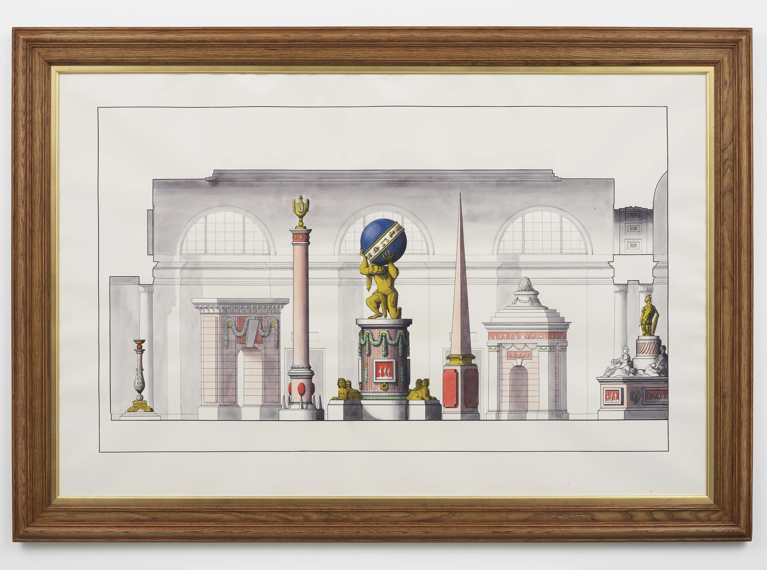 Pink Objects in Museum Interior 2014 Ink and watercolour on paper 114 x 163 cm / 44.8 x 64.1 in