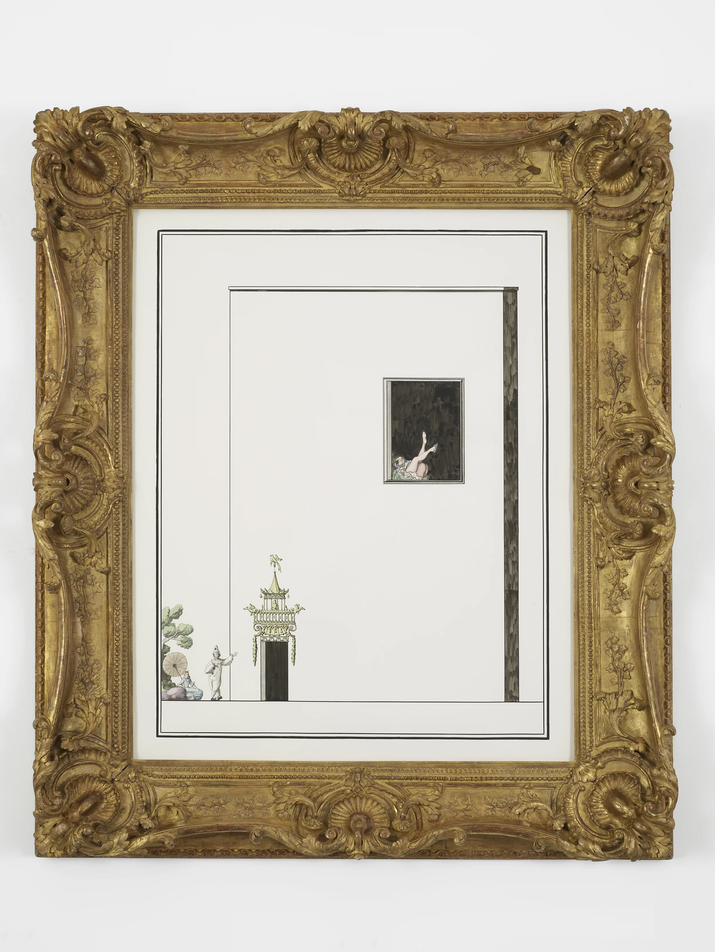 Scene from the Commedia: Pierrot bores Columbine with a detailed description of an elaborate doorframe. Meanwhile, Harlequin has sex with a servant upstairs 2014 Ink and watercolour on paper in artist’s frame