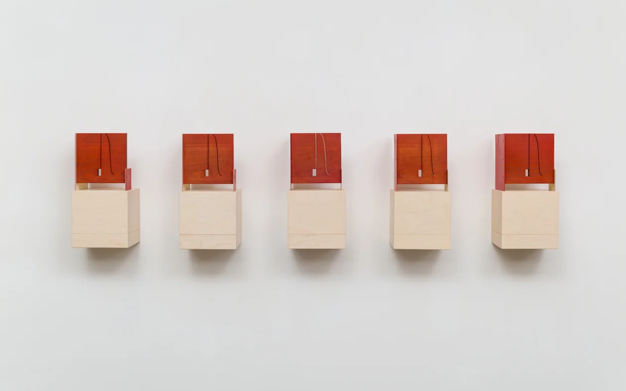 Red Trim (Keyholes) 2015 Euro beech hardwood, birch plywood, steel, copper rivets, enamel, wax 5 parts, each: 20.3 x 17.7 x 17.7 cm / 8 x 7 x 7 in 5 shelves, each: 20.3 x 20.3 x 20.3 cm / 8 x 8 x 8 in