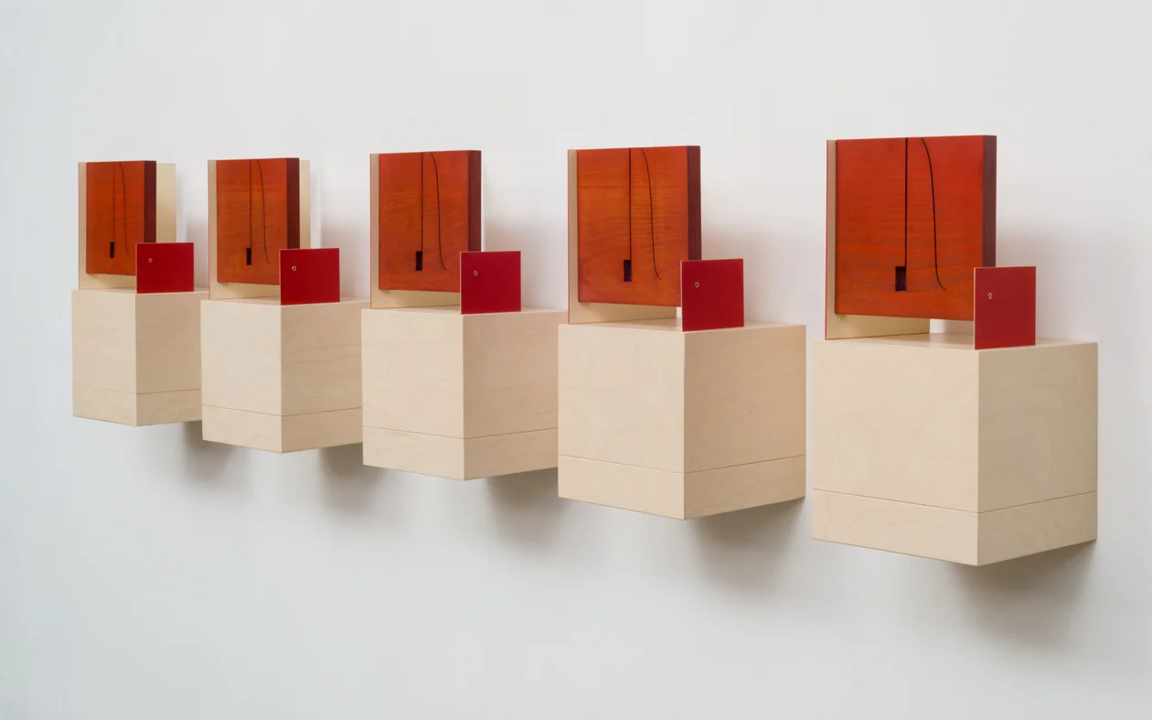 Red Trim (Keyholes) 2015 Euro beech hardwood, birch plywood, steel, copper rivets, enamel, wax 5 parts, each: 20.3 x 17.7 x 17.7 cm / 8 x 7 x 7 in 5 shelves, each: 20.3 x 20.3 x 20.3 cm / 8 x 8 x 8 in