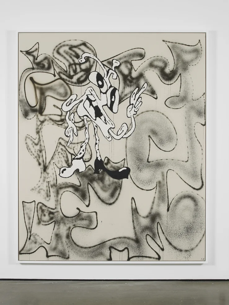 Doodle Alien 2014 Black acrylic based air brush medium and 'puff paste' medium on unprimed cotton canvas 220 x 190 cm / 86.6 x 74.8 in