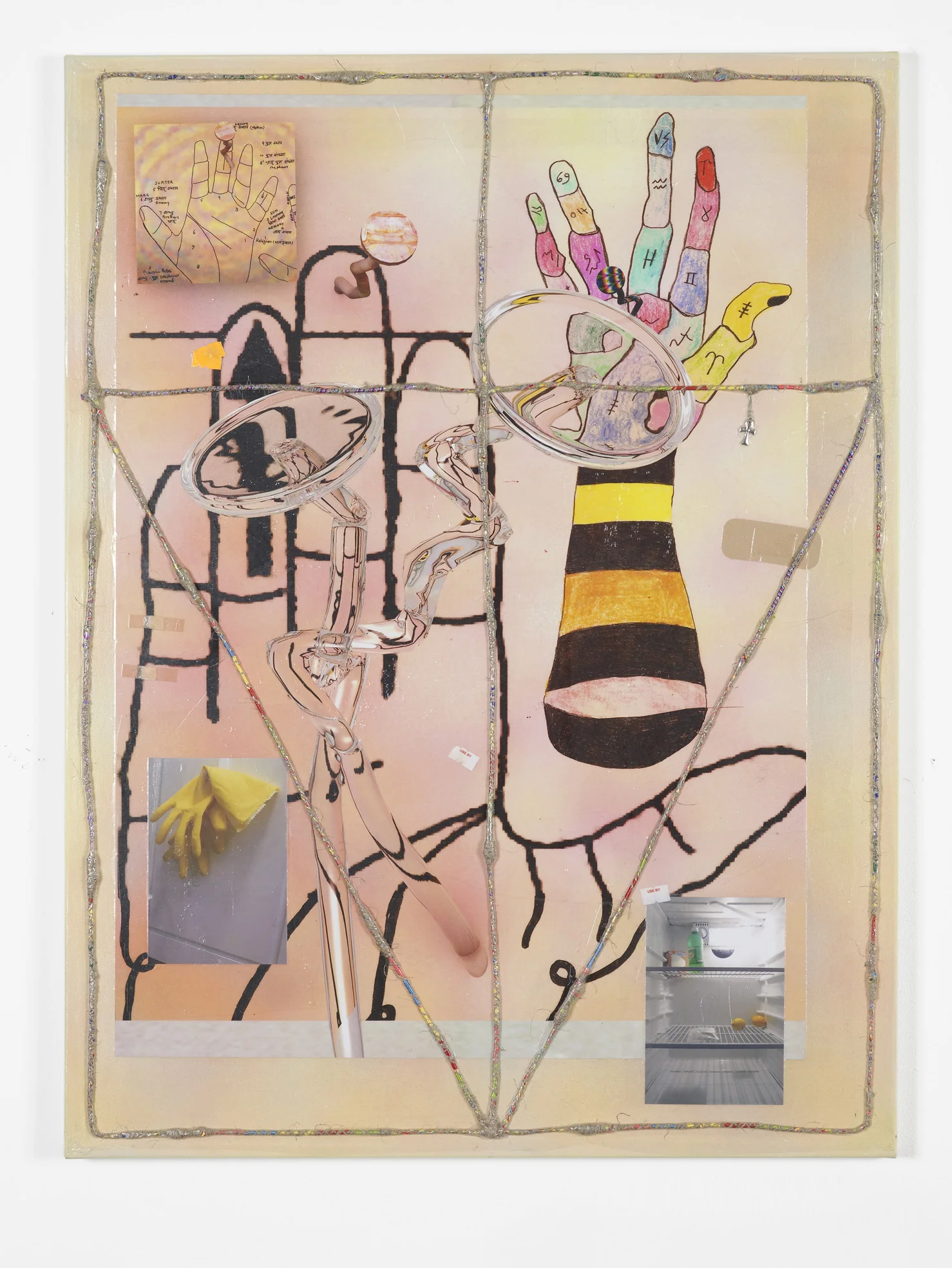 Nicholas Cheveldave Defroster III 2016 Photolaminate, acrylic, paper, friendship bracelets, hemp and metal on canvas 80 x 60 cm / 31.4 x 23.6 in HS12-NC5460P