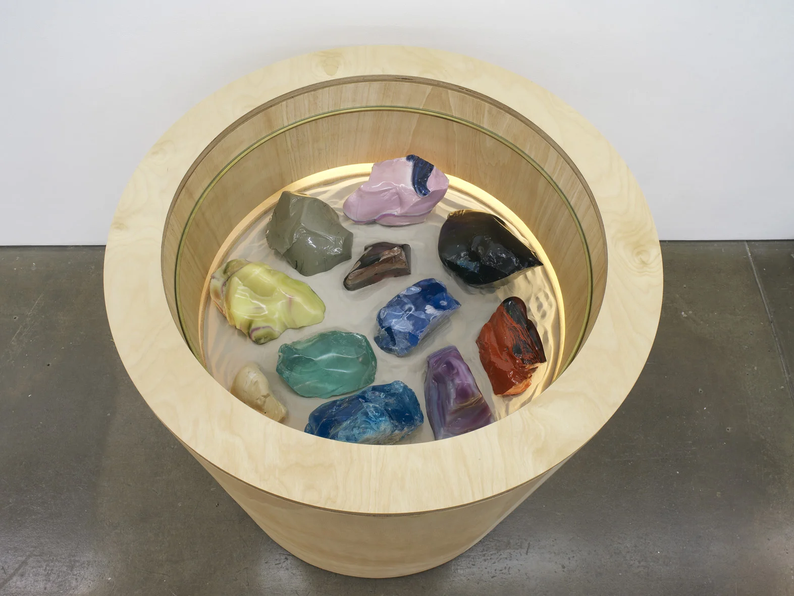 Cullet bin 2015 - 2016 Wood, sand, glass, Amiran, brass, batteries, led lights, lock 118 x 97 x 97 cm / 46.4 x 38.1 x 38.1 in