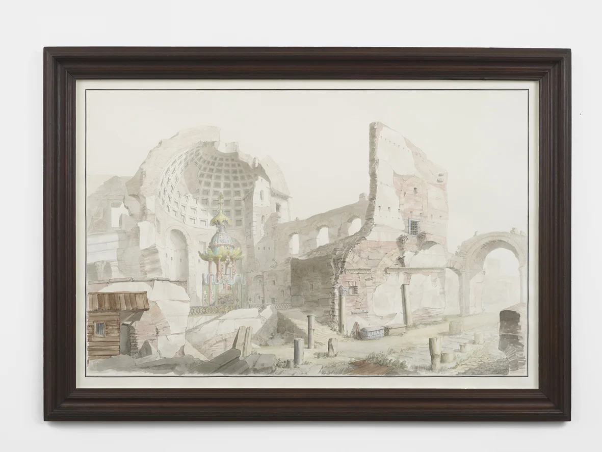 Roman Ruins Festively Decorated 2016 Ink and watercolour in artist’s frame 136 x 183.5 x 7 cm / 53.4 x 72 x 2.7 in