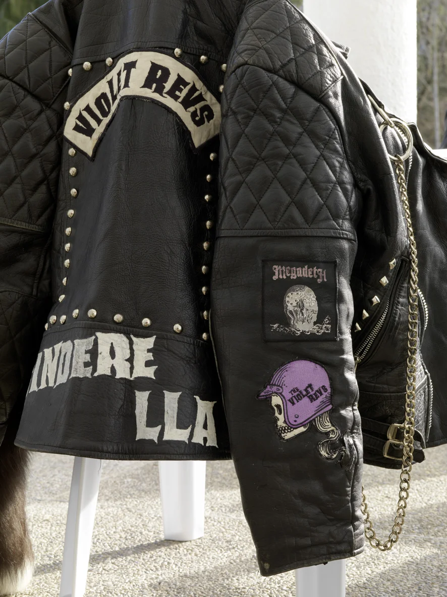 Nicole Wermers The Violet Revs 2016 Plastic chairs, leather jackets, lining fabric, denim fabric, studs, fox tails, faux fur, patches, chains and badges Variable