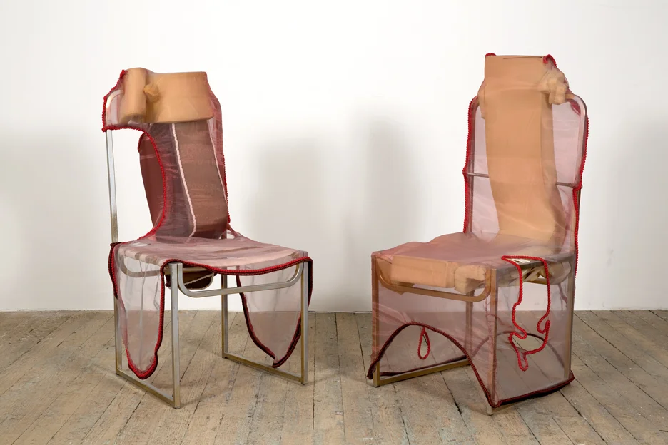 His and Hers Ferraris (Ignazio Giunti) Steel, polyurethane foam, acrylic paint, cotton, silk, nylon, freshwater pearls 41 x 19 x 17 inches (104.14 x 48.26 x 43.18 cm) 2014