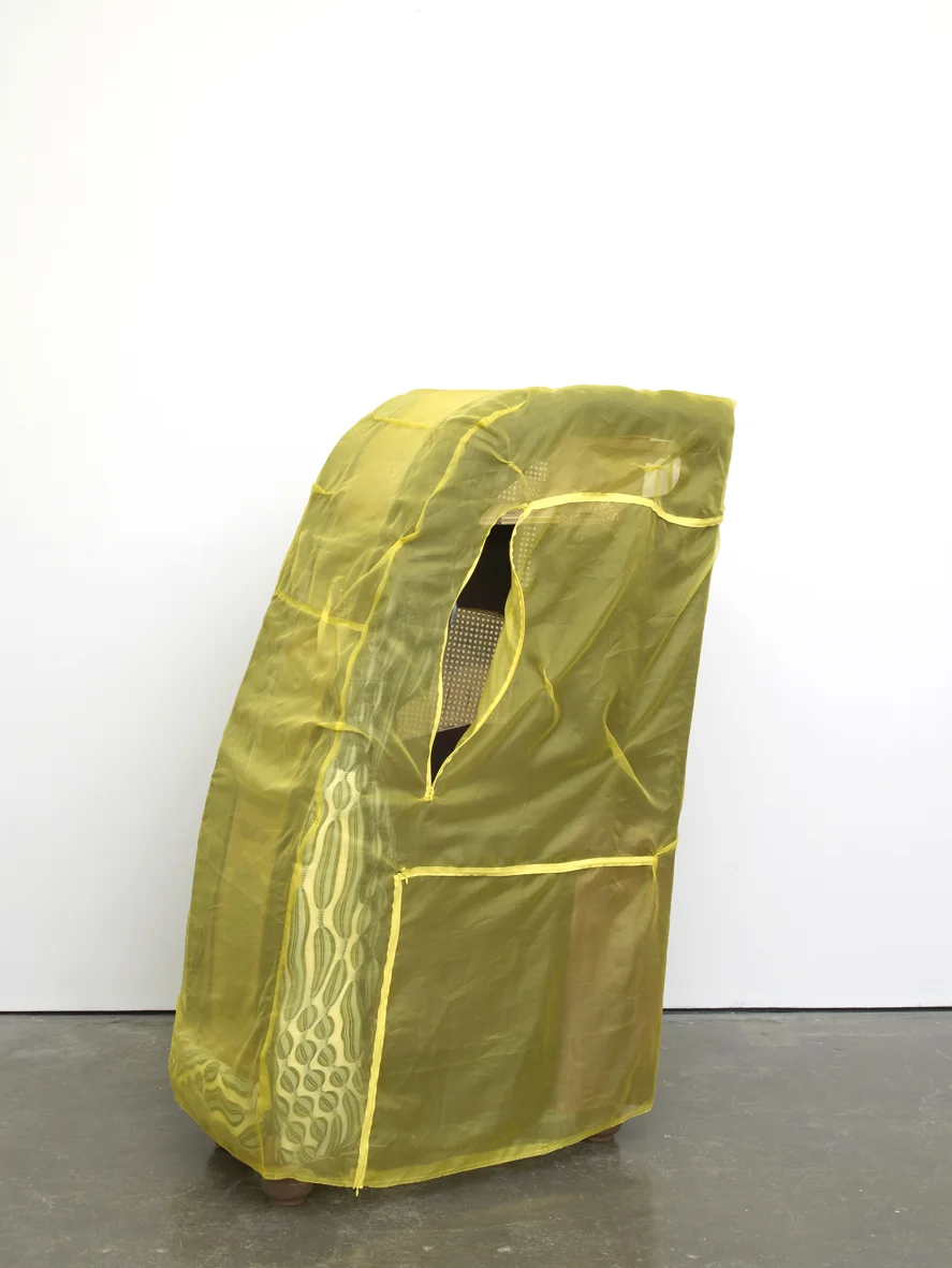 Cabinet with slipcover 2017 Wood, fabric, plastic, caning, paint, zippers, bun feet and hardware 154.9 x 88.9 x 55.9 cm / 61 x 35 x 22 in
