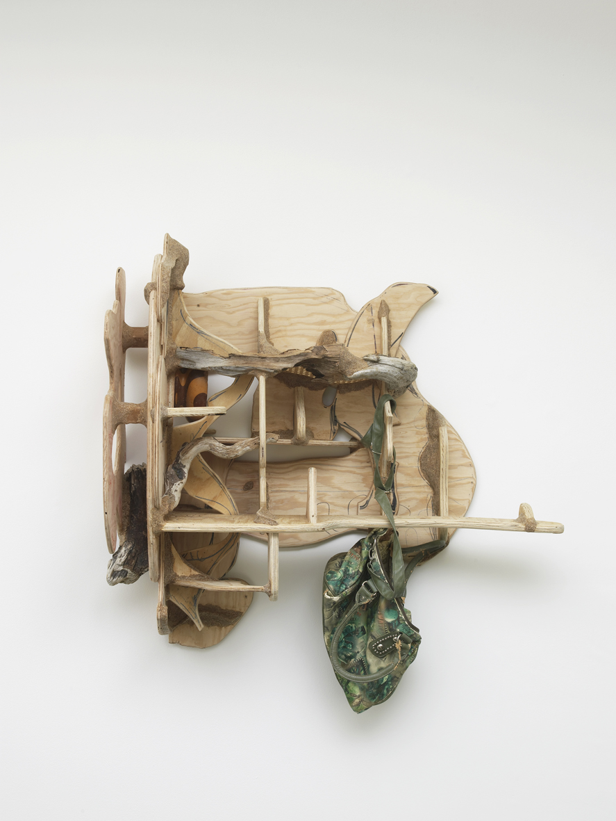      Corner shelf with avatar purse 2017 Plywood, wood, driftwood, chair caning, sawdust, wood glue; ink, hardware and found objects 88.9 x 99.1 x 43.2 cm / 35 x 39 x 17 in 