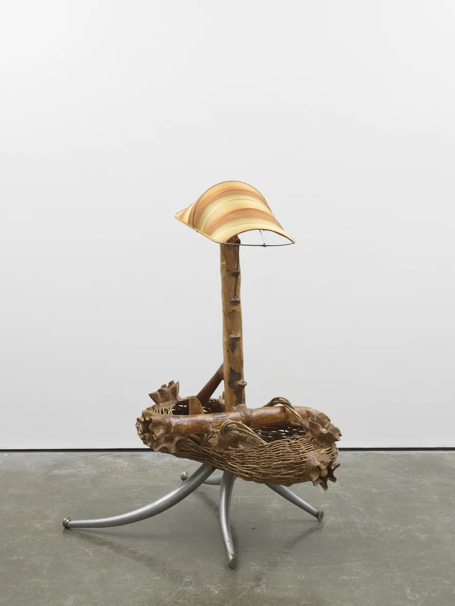 First I turned it up, then I turned it off 2017 Aluminium, wood, saw dust, wood glue, wicker, steel, fabric, lamp wiring and found objects 132.1 x 88.9 x 71.1 cm / 52 x 35 x 28 in