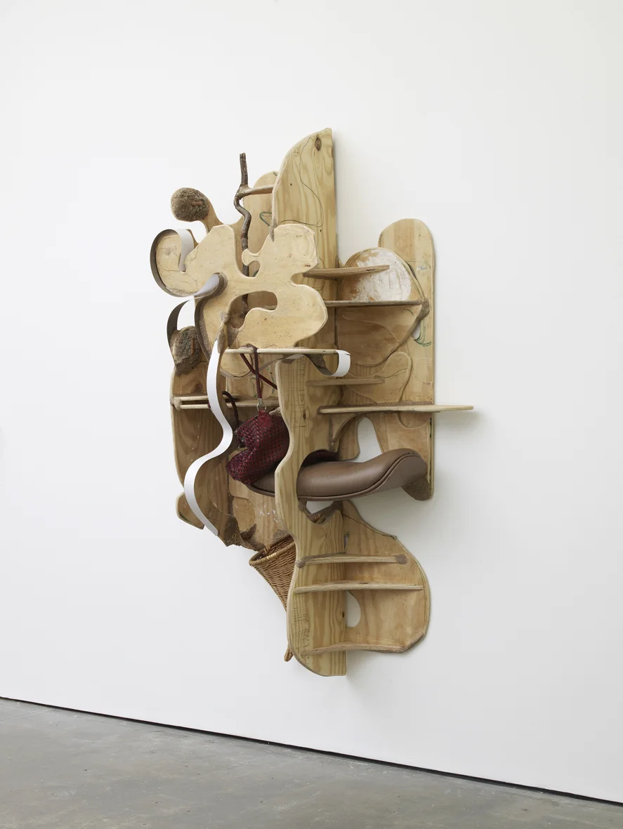 Walking and looking for you 2017 Plywood, wood, found objects, sawdust, wood glue, ink, laminate and paint 185.4 x 89 x 45.7 cm / 73 x 35 x 18 in