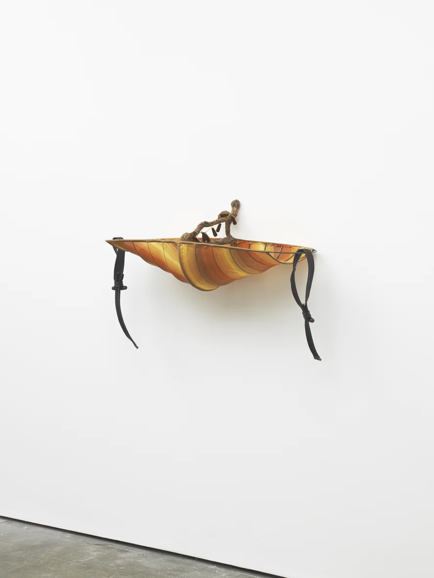 Sconce with three bracelets 2017 Steel, fabric, leather, wood, sawdust, wood glue, plastic and velour beads 33 x 94 x 30.5 cm / 13 x 37 x 12 in