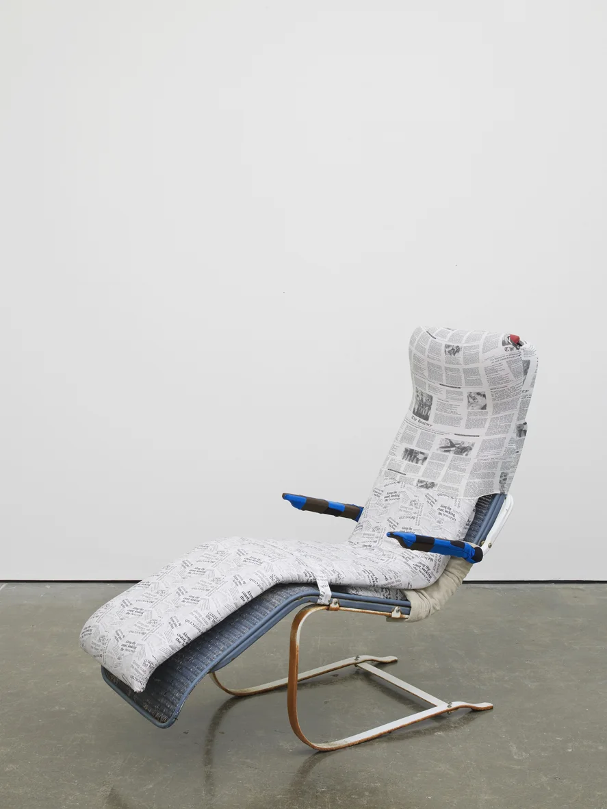 The History 2017 Fabric, leather, foam, steel, wicker and ink 111.8 x 63.5 x 129.5 cm / 44 x 25 x 51 in