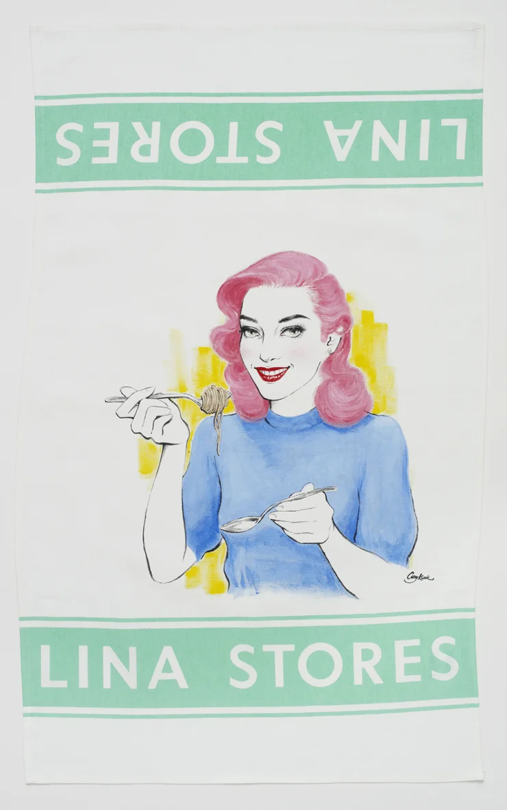 Luncheon (Lina Stores London 1940s) 2017 Fabric paint and glass pearl on Lina Stores cotton kitchen towel 76.5 x 46 cm / 30.1 x 18.1 in 