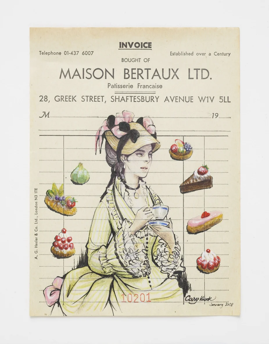 Luncheon (Maison Bertaux London 1871) 2017 Ink, colour pencil and acrylic on antique Maison Bertaux paper invoice 15.1 x 11.1 cm / 5.9 x 4.3 in 