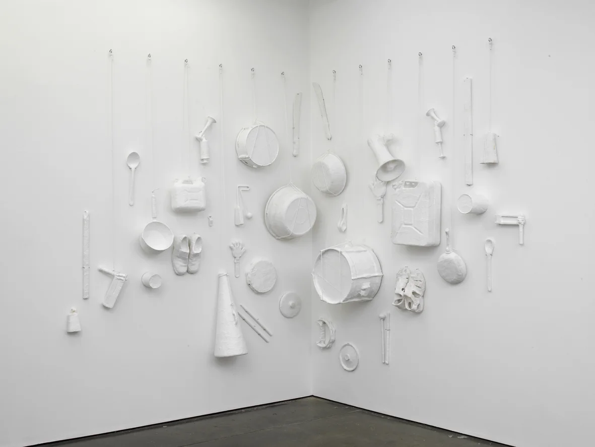 Unheard inventory (duo) 2017 Plastered noisemaking objects of protest, metal hardware and rope Dimensions Variable