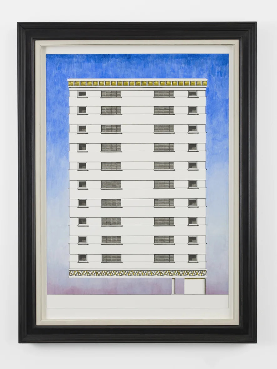 Dramatically cantilevered building 2018 Ink and watercolour, artist’s frame 90.5 x 63.6 cm / 35.6 x 25.1 in, unframed 103.8 x 77 x 6 cm / 40.9 x 30.3 x 2.4 in, framed
