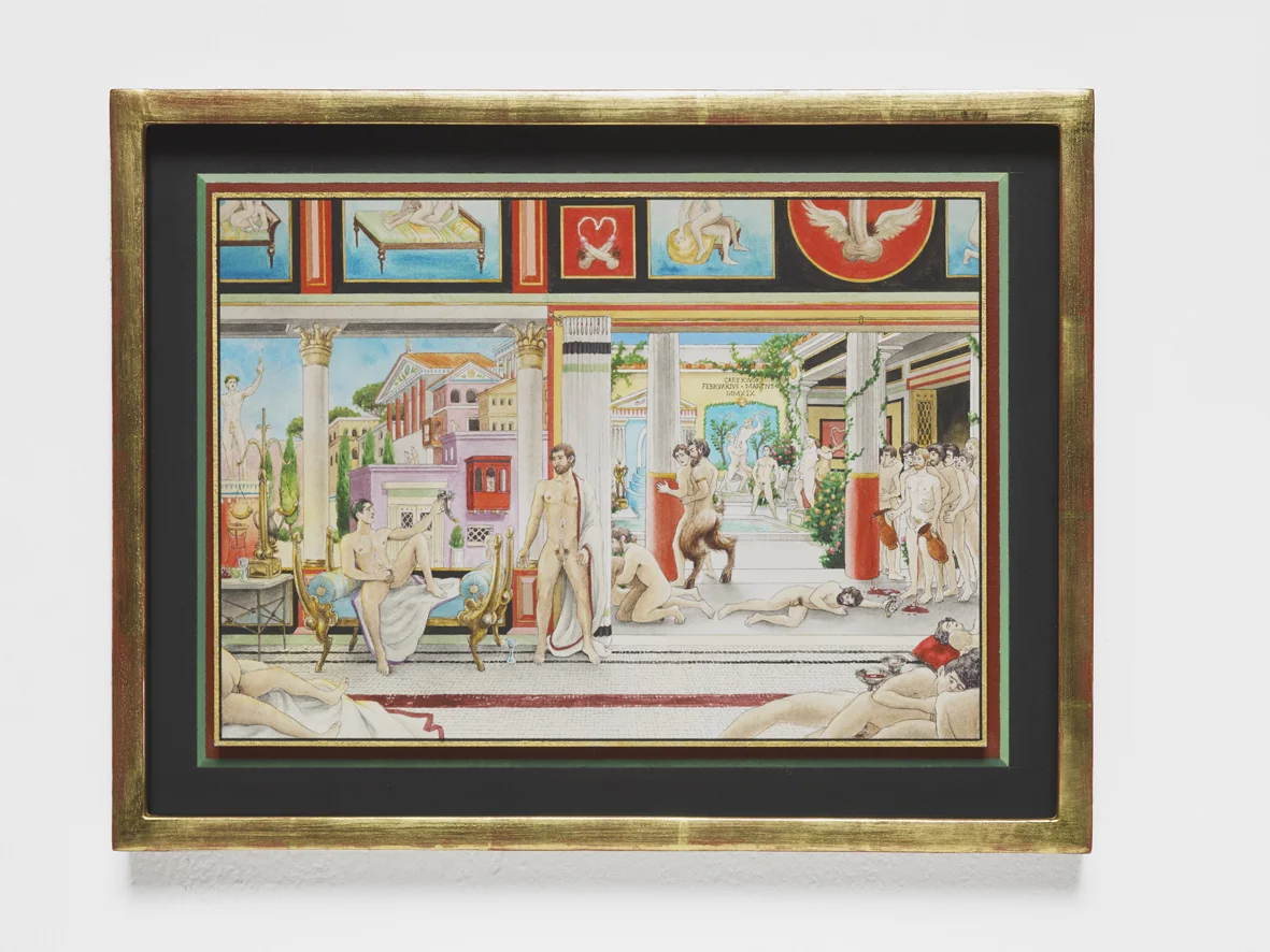 Satyricum 2019 Acrylic, ink, gold leaf on paper, artist’s frame 29.7 x 38.4 x 3.8 cm / 11.7 x 15.1 x 1.5 in