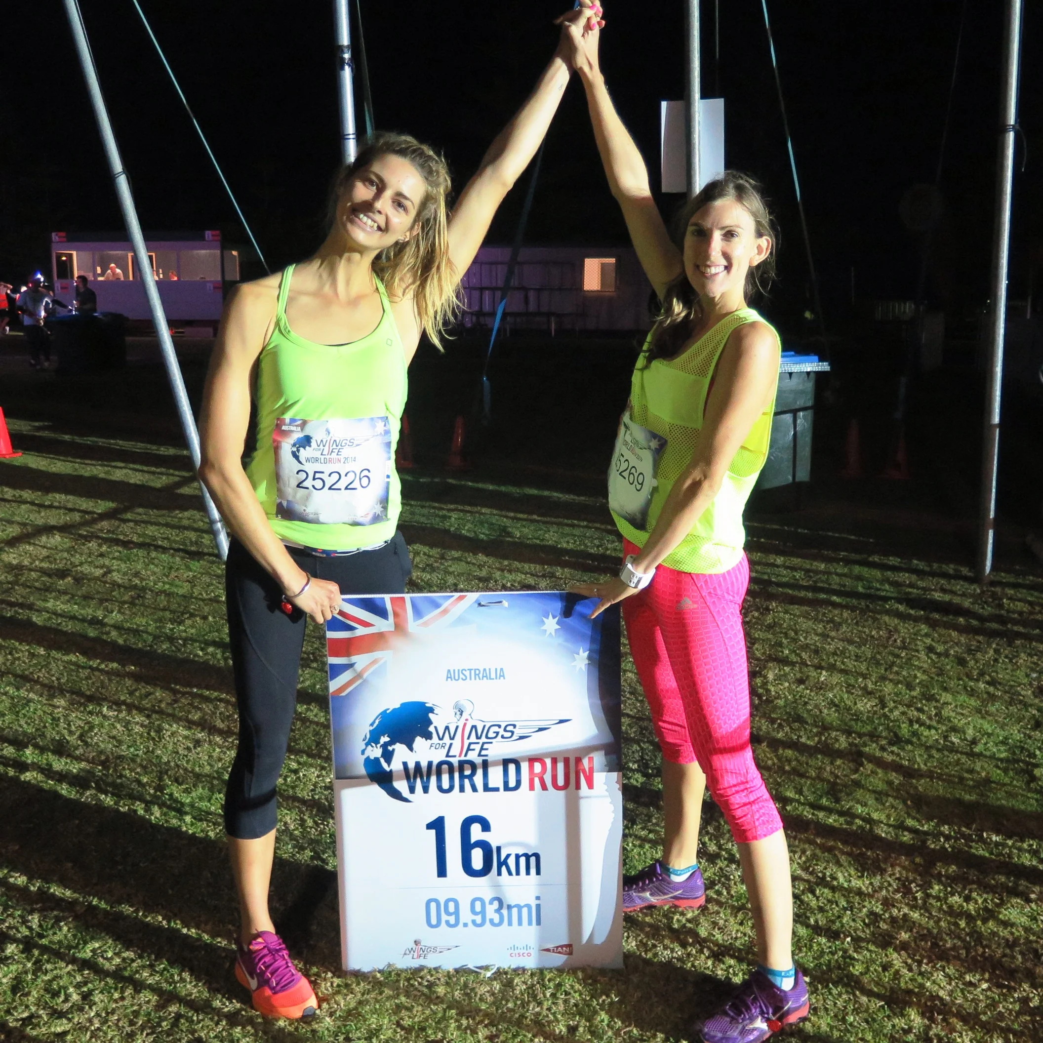 My best friend Nicole and I after the Wings For Life World Run for spinal cord research. The aim was to run as far as you could before the chaser car got you...Nic and I had a goal of 10km, we smashed it and ran 16!! :D #teamwork