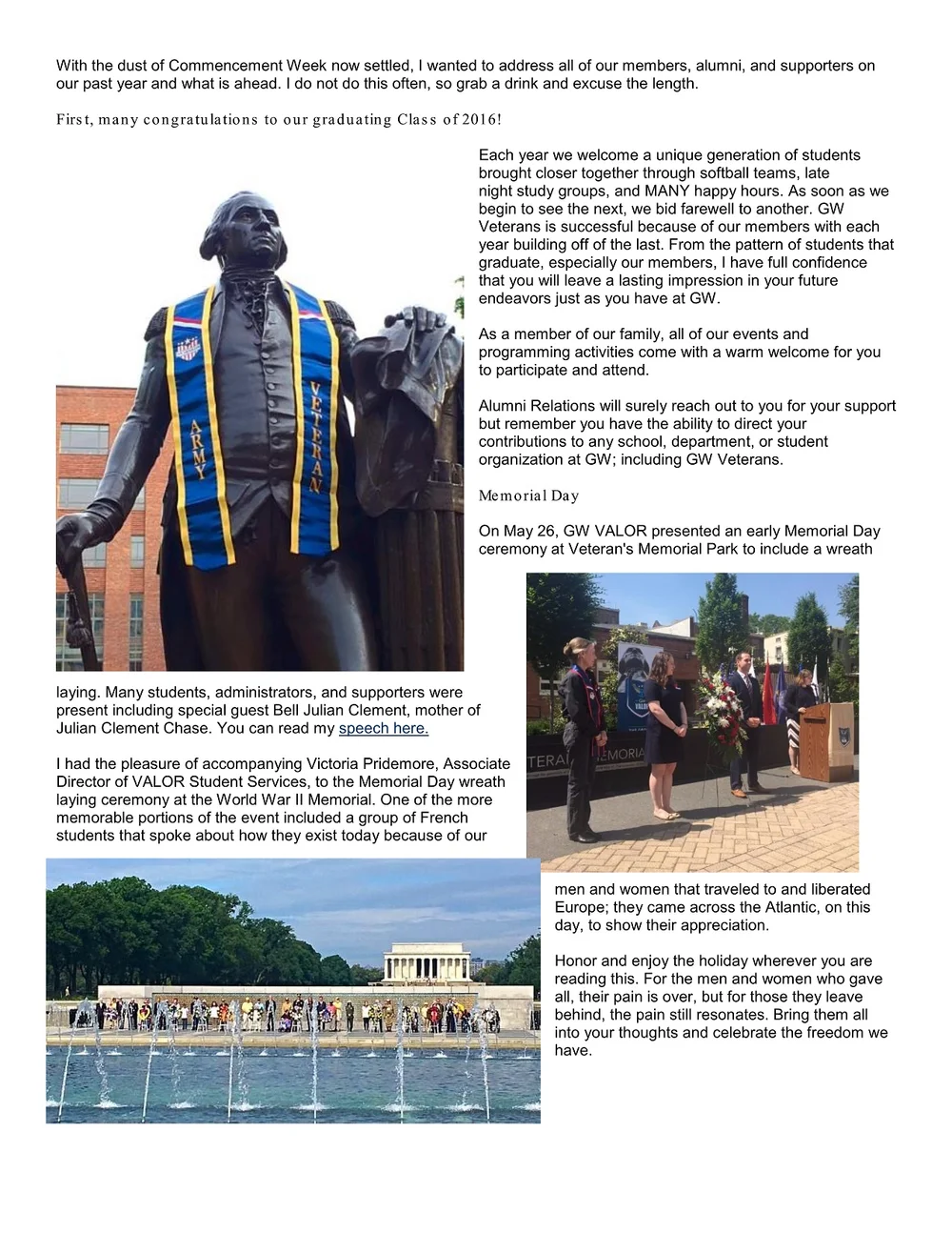 Letter From The President Commencement 16 Gw Veterans