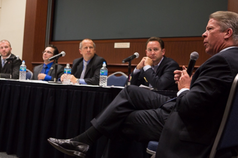 GW Veterans President Mitchell Bent, student veteran Dominic Amaral, U.S. Navy Captain (retired) James Graybeal and GW Professor Sean Aday discuss media and war with CBS News' Chief White House Correspondent Major Garrett.