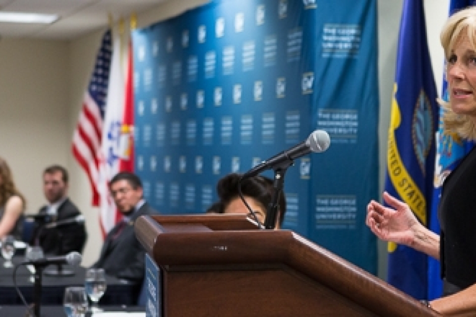 Second Lady Jill Biden speaks at the George Washington University on April 10.