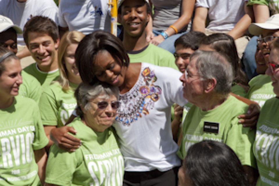 First Lady Michelle Obama joins more than 1,900 GW students to volunteer across the region.