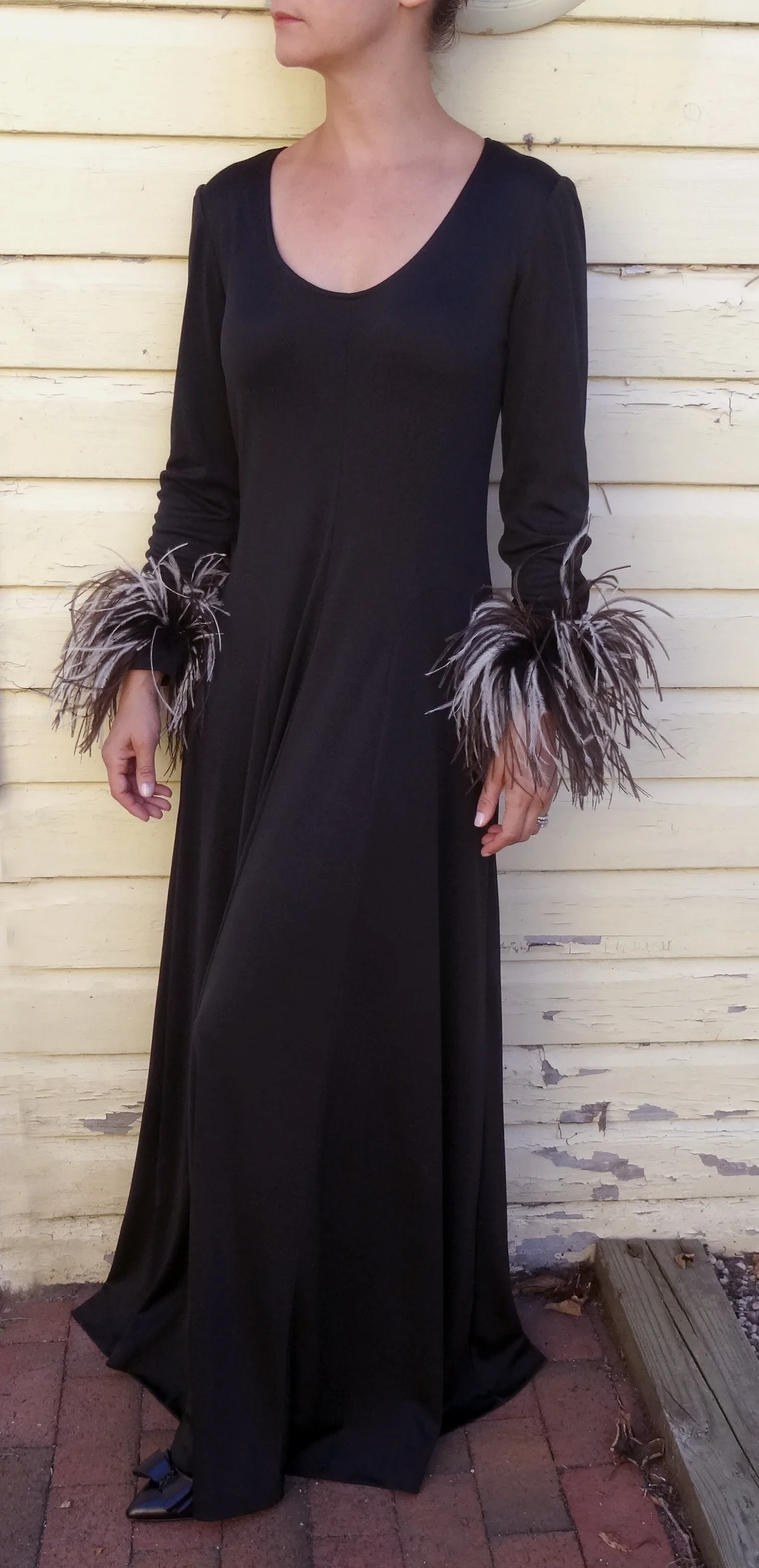 Vintage Silk Jersey Gown with Ostrich Feather cuffs