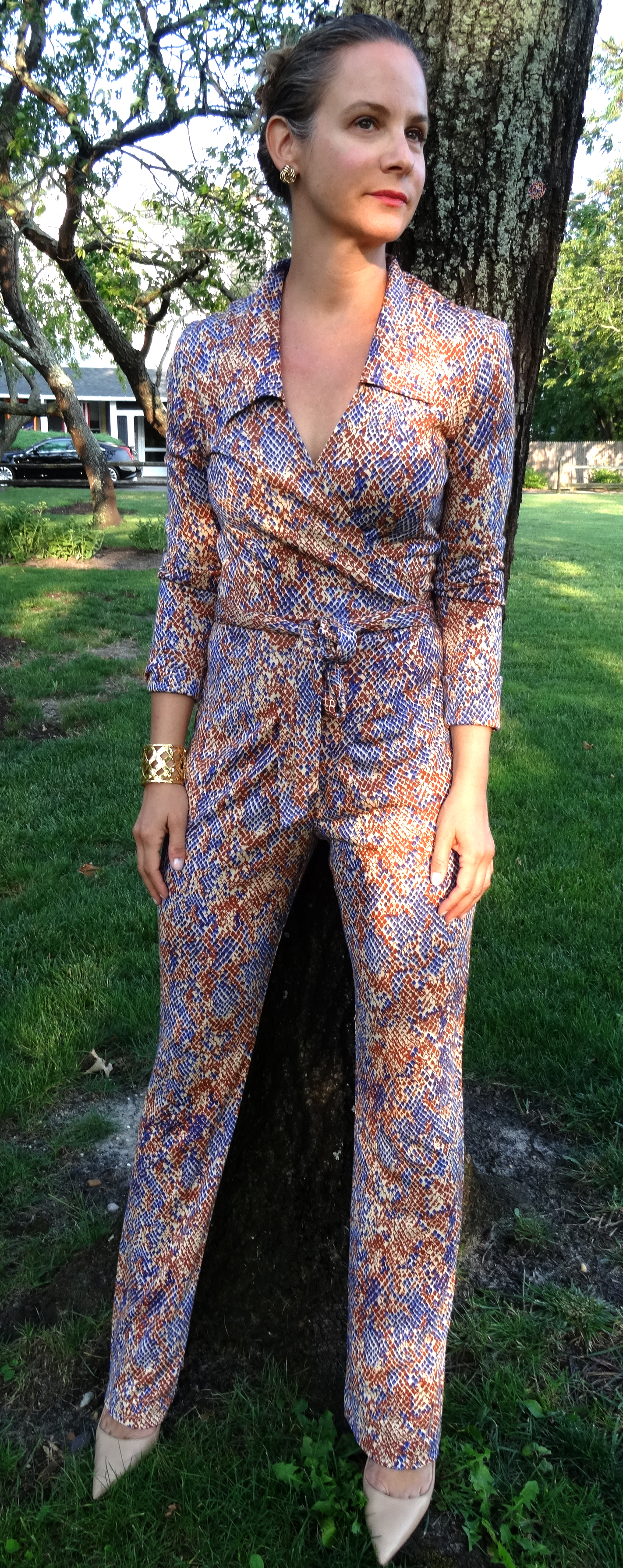 Vintage Diane Von Furstenberg snake print jumpsuit.