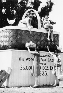 1918: Publicist Bert Kerrigan assures the Petaluma Chamber of Commerce that it should continue to put all of its eggs in one basket and stick with the “little white hen” as its economic focus. At his suggestion, the town launches National Egg Day, with a parade and other activities. The festival continues today as the annual Butter & Egg Days in April. (Diane Peterson