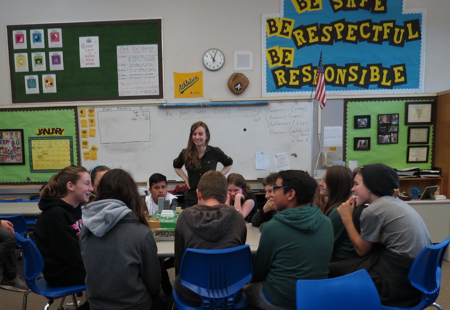 Watershed Classroom Coordinator Katelynn Wiley walks through a water treatment model with students from the Petaluma Accelerated Charter school as part of Matt Jackson and Jovanna Ayala's Flush curriculum. 