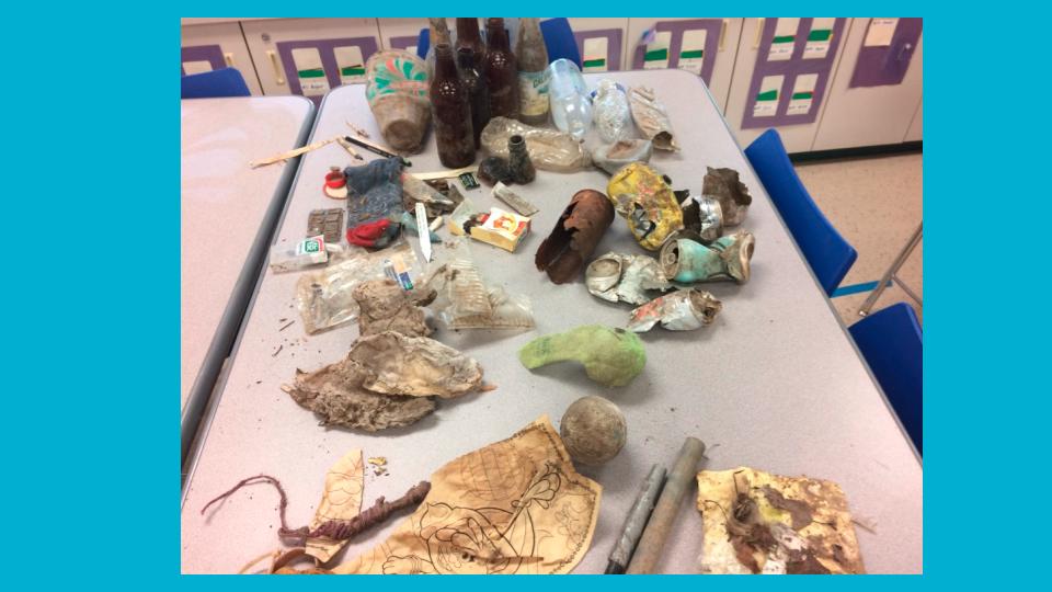  During our trips into the creek we were disappointed to see that people had left behind litter. We examined the garbage, categorized the types, and created a line plot to show what was found. We installed a garbage for visitors to use. 