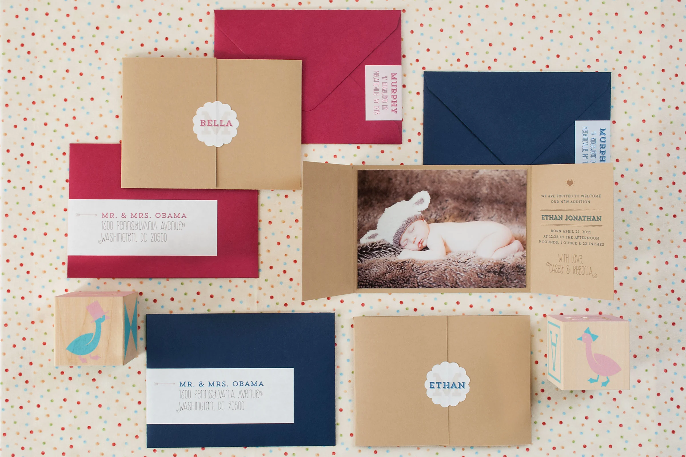 The Neverland suite features a wee enclosed photo mounted beside flat printed modern typography introducing baby to the world. The cardstock enclosure is held shut with a die-cut sticker monogram that matches the envelopes (available in any color.) Coordinating wrap-around address labels are also available.