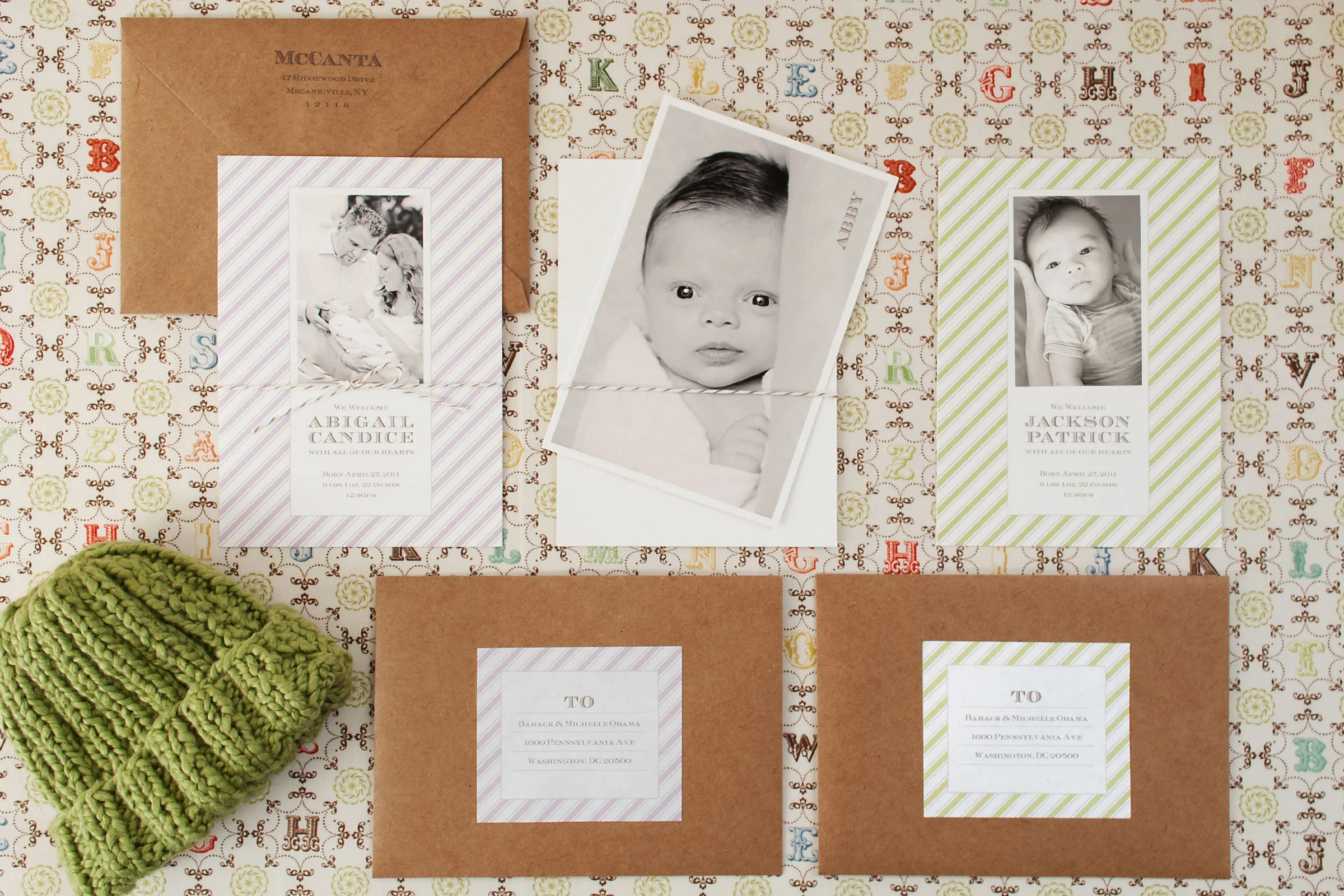Avalon showcases sophisticated typography complimented by soft stripes and natural kraft envelopes. The Announcement features a photo and text flat printed on a soft, lightly textured matte cardstock and an additional, frame-able 4x6 " photo insert is optionally available to extend the suite. The extended version includes a baker’s twine embellishment to hold the elements together and addressing may be added with matching address labels and a flat printed back-flap return address.