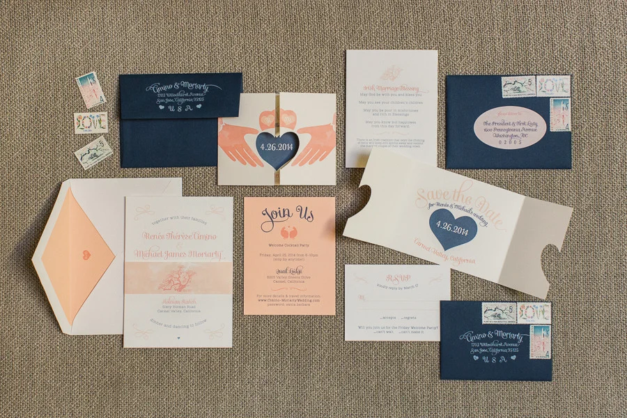 Custom Save the Date and Wedding Invitation Suite featuring a die-cut Claddagh Ring Save the Date, Monogram of the couple’s initials, and Invitation Suite with water-colored elements including an illustration of one of the iconic ancient oaks at Holman Ranch. Photo by Carlie Statsky.