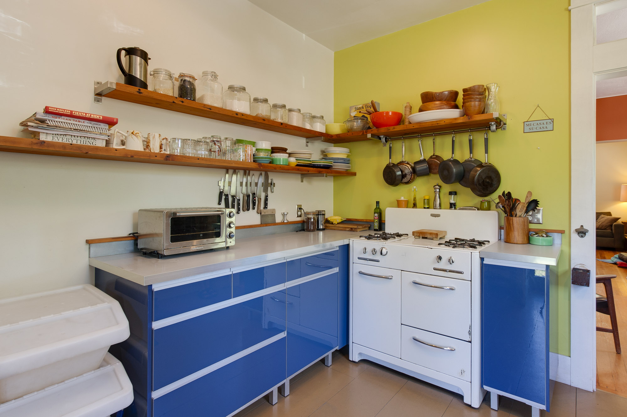 Modern cabinets with vintage stove