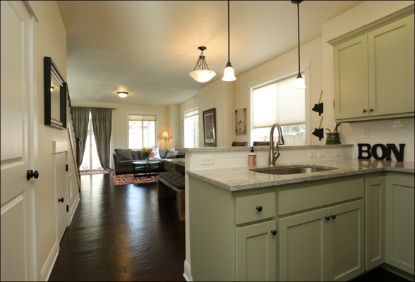 View from kitchen into dining room and living room
