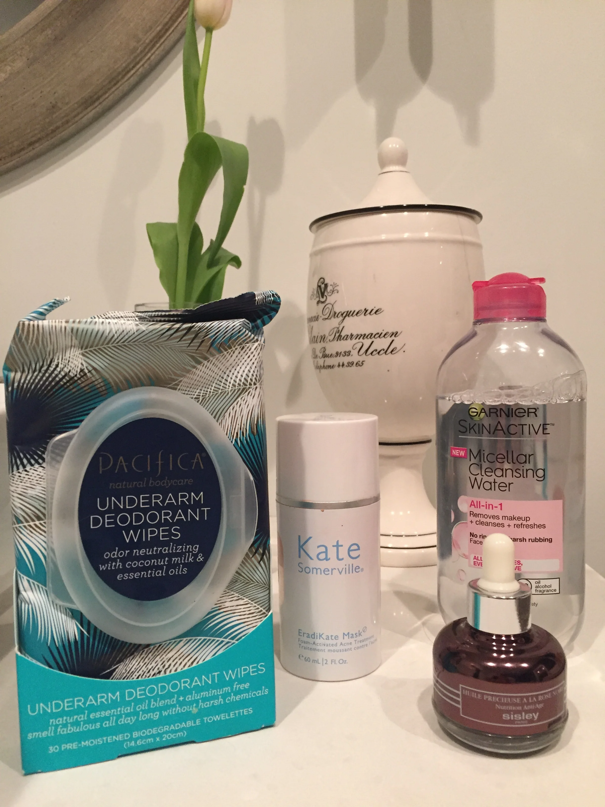 Pacifica deodorant wipes: there little suckers kill 2 steps in one swipe. They clean ya and they deodorize you. Totally cool. Found at ulta. $8 Garnier milcellar water: want to clean your face but don't want to wash it? How about a little refresher after working out? I find myself using this stuff all day long. Couple swipes in the am, couple swipes after barre, and 4 pads to get off the days make up and grime. 4 or 5 cotton saturated pads and you are totally clean. Eye make up and all. Best part, your skin doesn't dry out so no need to rebalance the ph with a moisturizer or toner. Kate Somerville Eradicate: This mask is a great in between facials mask. It does a deep clean and soothes aggrivated skin. So if you are as lazy about facials are you are about showering this mask may be your new buddy. Sisley black rose oil: When you aren't over cleansing the skin with soap and water, you can get away with using a delicate face oil like this one from Sisley. It absorbs quickly and leaves your face feeling like butter. happy shopping