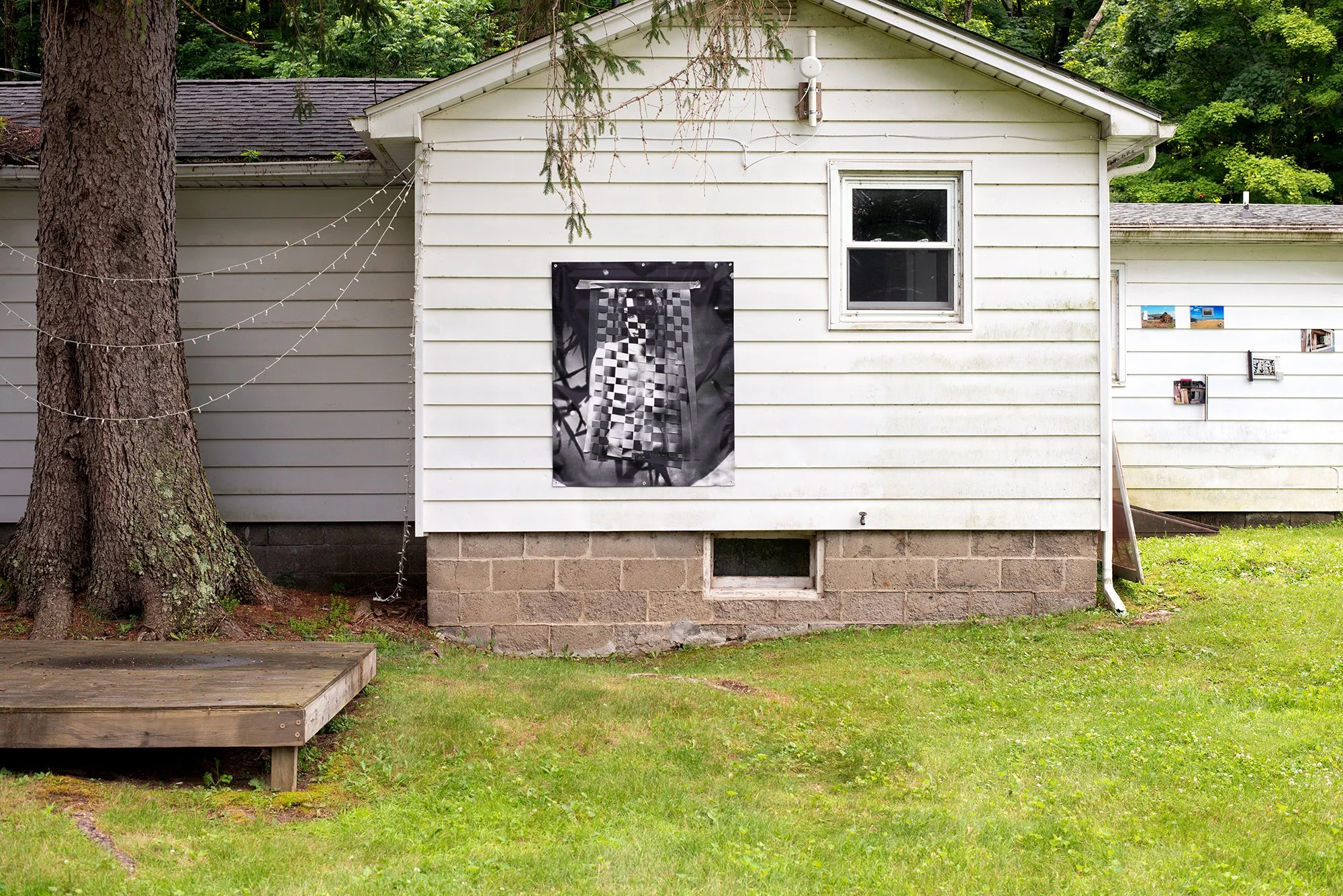 Alone, You Are Heard, PARADICE PALASE x ChaNorth outdoor sculpture show for Upstate Art Weekend, digital collage printed on vinyl banner, 2025