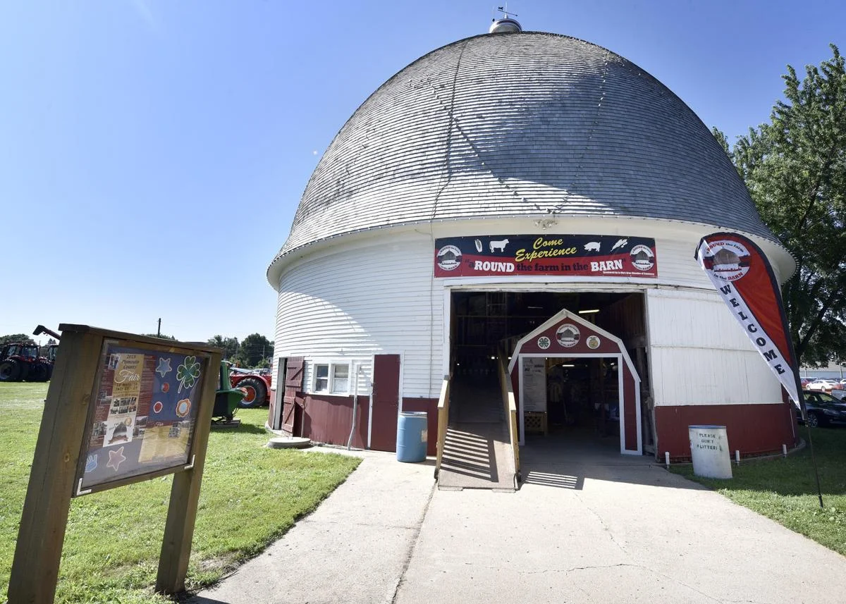 The Tonsfeldt round barn is shown on Tuesday at the Plymouth County Fairgrounds in Le Mars, Iowa. Fair organizers are celebrating the 100th anniversary of the barn built by H.A. (Peter) Tonsfeldt in 1918 to showcase his cattle. The barn was donated to the fair board and moved to the fairgrounds in 1981. Tim Hynds, Sioux City Journal