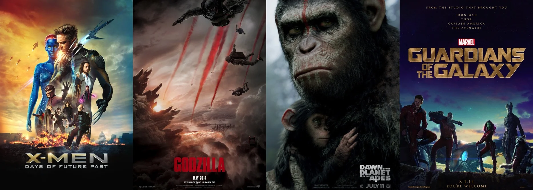 X-Men: Days of Future Past, Godzilla (2014), Dawn of the Planet of the Apes, Marvel's Guardians of the Galaxy