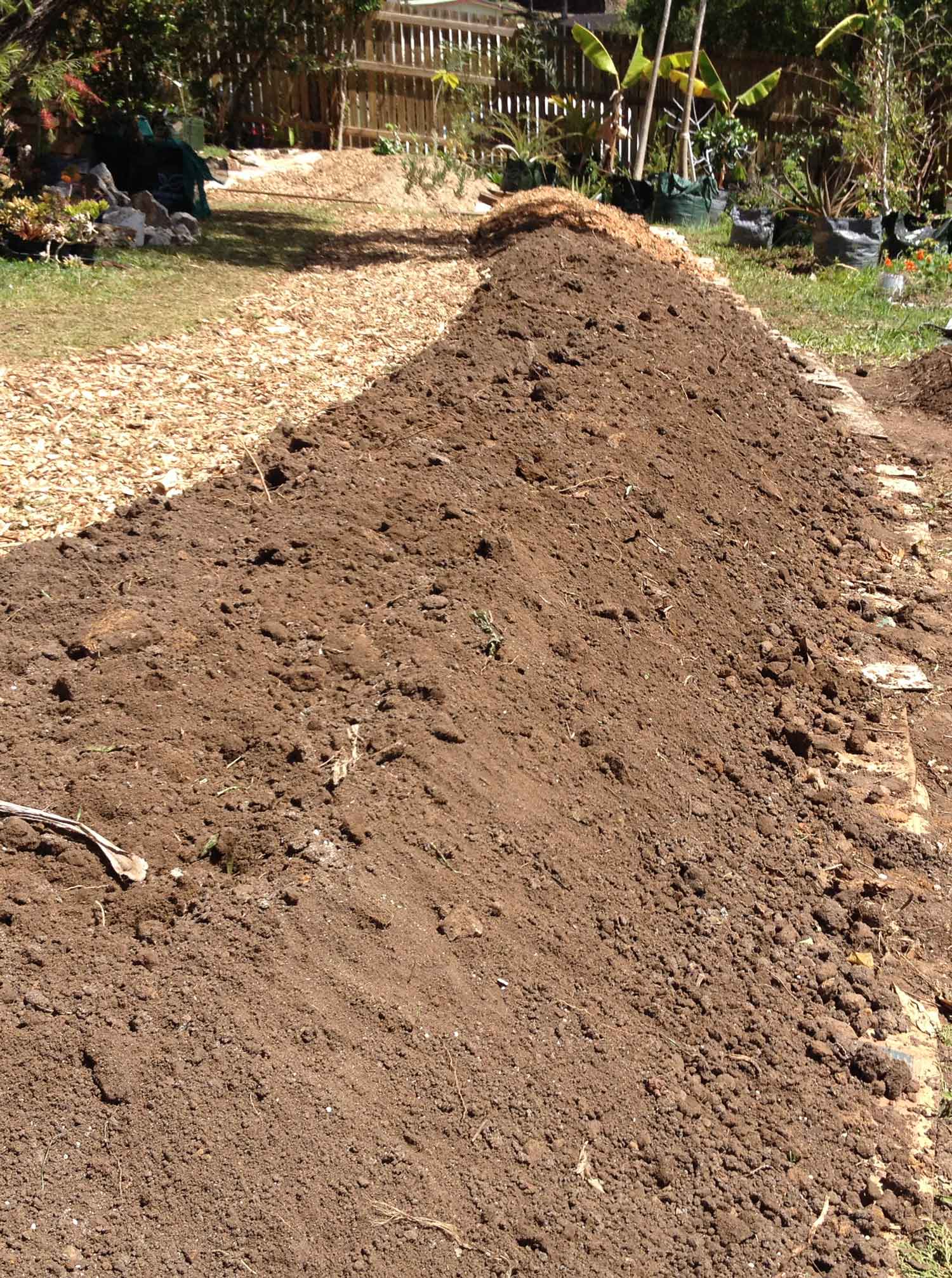 Contour swale trench filled with wood chip to function as a path, while helping to retain water and adding organic matter over time.